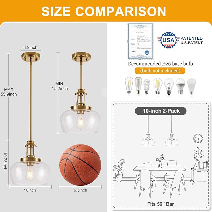 Modern Pendant Lights Kitchen Island, Brushed Gold Pendant Light Fixtures with 10" Clear Glass Shade, Industrial Hanging Pendant Lights Fixture for Kitchen Island Dining Room Bedroom Foyer Entryway
