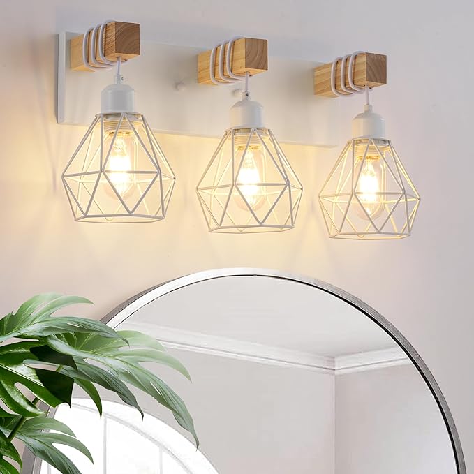 Farmhouse Vanity Light for Bathroom, 3-Light White Wood Bathroom Vanity Light Fixtures Over Mirror, Rustic Sconces Wall Lighting with Metal Lampshade for Living Room, Bedroom, Hallway