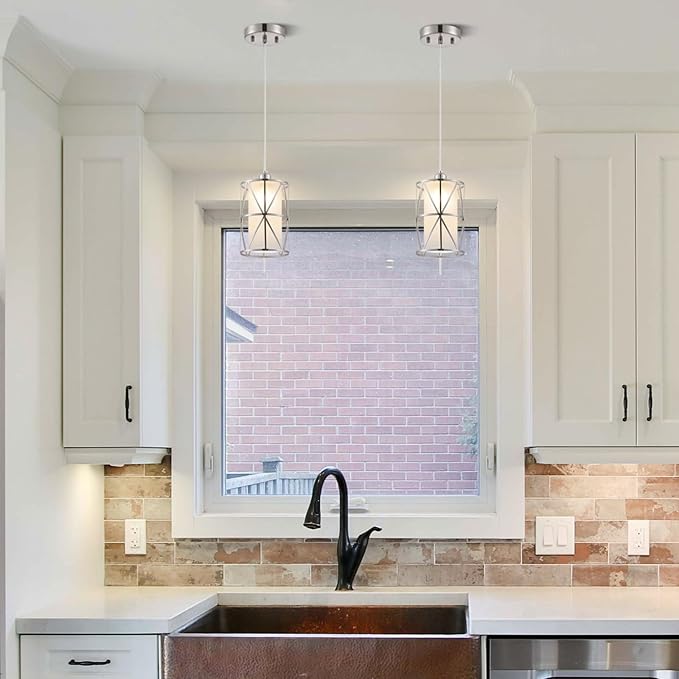 5.4"×7.9" Pendant Light with Frosted Glass, Modern Pendant Lights Kitchen Island, Brushed Nickel Pendant Light Fixtures, Cylindrical Pendant Lighting for Kitchen Island, Dining Room, Foyer