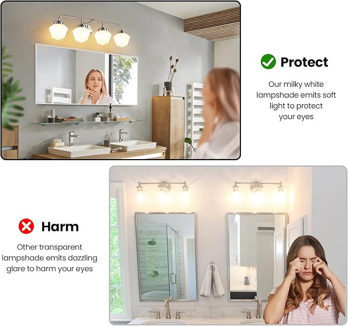 RUIYEY Bathroom Vanity Light Fixtures: 4-Lights Brushed Nickel Vintage Light Fixtures for Bathroom Above Mirror, Wall Lights Indoor with Frosted Milky Glass for Bath Bedroom