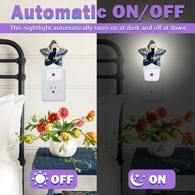 Black Cat Night Lights Plug Into Wall Decorative,Fantasy Moon Night Sleep Friendly Lamp, Energy Efficient Dusk-to-Dawn Sensor Nightlights for Kid Bedroom Nursery Bathroom