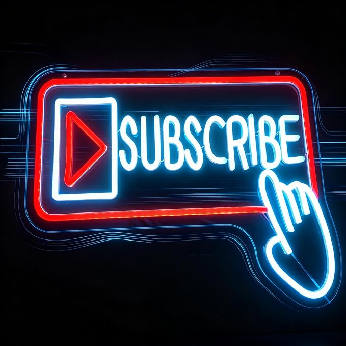 Subscribe Neon Sign, Stylish Play Button & Cursor Wall Light | 30x43cm, Red & White LED, Easy Hanging Kit Included, For Streamers/Gamers, Content Creator Rooms/Home Office Decor
