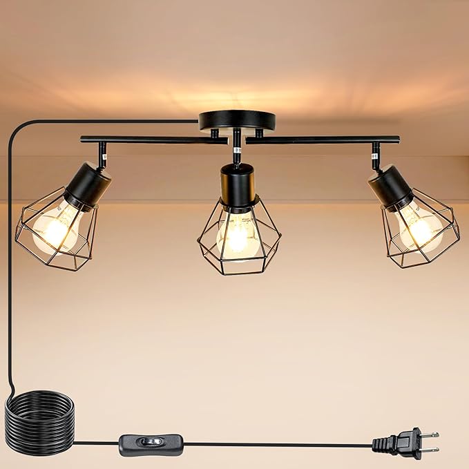 HiBay Track Lighting Plug in, 3-Light Directional Ceiling Light Fixture Black, Farmhouse Plug-in Track Light E26 Wall Spotlight with 16.4ft Cord & in-Line On/Off Switch for Kitchen Dining Room