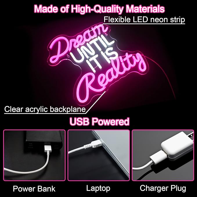 Horseneon Dream Until It Is Reality Neon Led Sign, Letter Neon Signs for Wall Decor, Neon Lights with USB Powered for Bedroom, Office, Livingroom, Study (Pink&White)