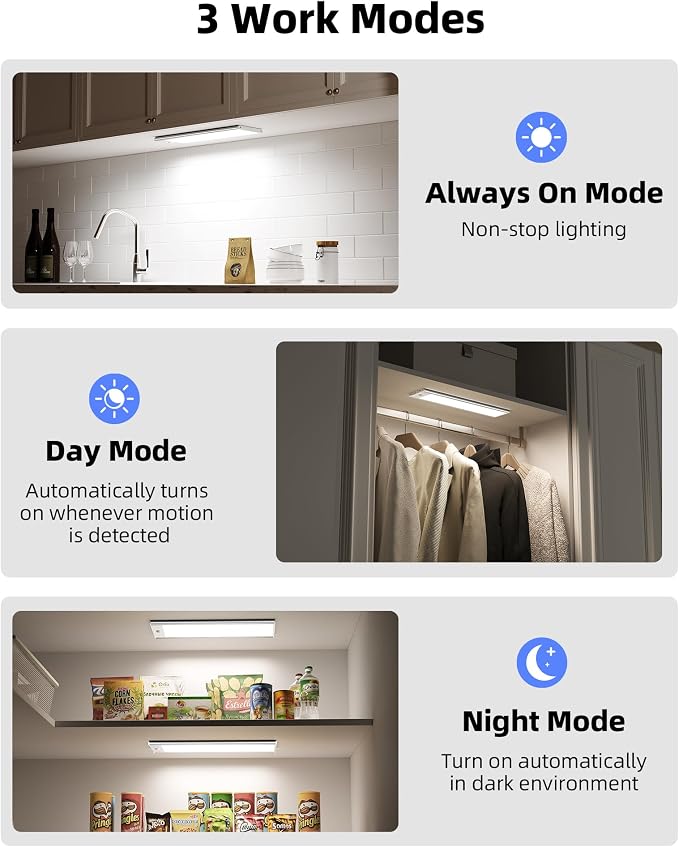 EZVALO 3000mAh Under Cabinet Lights,150LM Motion Sensor Light Indoor 3 Color Temps, Rechargeable 3 inch Wide Body Closet Light Dimmable, Wireless Under Counter Lights for Kitchen 8 inch