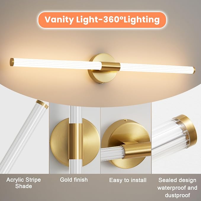 Glod Wall Sconces Set of Two Hardwired LED Vanity Light 31" | Dimmable 5CCT LED Bathroom Light Fixtures, 360° Full Lighting, Modern Vanity Light Bar for Bathroom Mirror