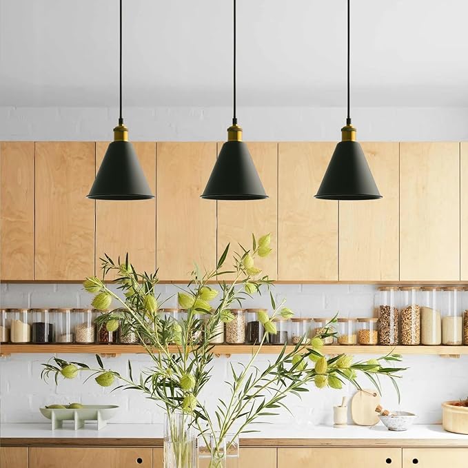 mirrea H-Type Matte Black Track Lighting Pendant with E26 Socket, Black Cone Shade, Industrial Style Adjustable Hanging Fixture for Kitchen, Dining, Bar Lighting, Pack of 3