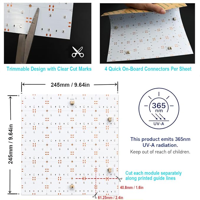 SuperlightingLED 365nm UV LED Light Sheet, 24V Flexible Ultraviolet LED Panel, 245x245mm Cuttable Modular Design for Fluorescence Detection, Displays and Large Area UV Backlighting
