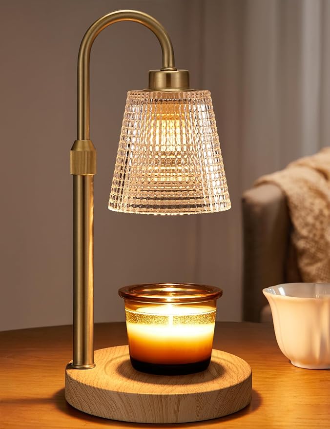 Innqoo Wood Color& Clear Candle Warmer Lamp with Timer, Dimmable Candle Warmer for Jar Candles, Height Adjustable Wax Melts Warmer, Birthday Gifts for Women Mom, House Warming Gifts New Home Decor