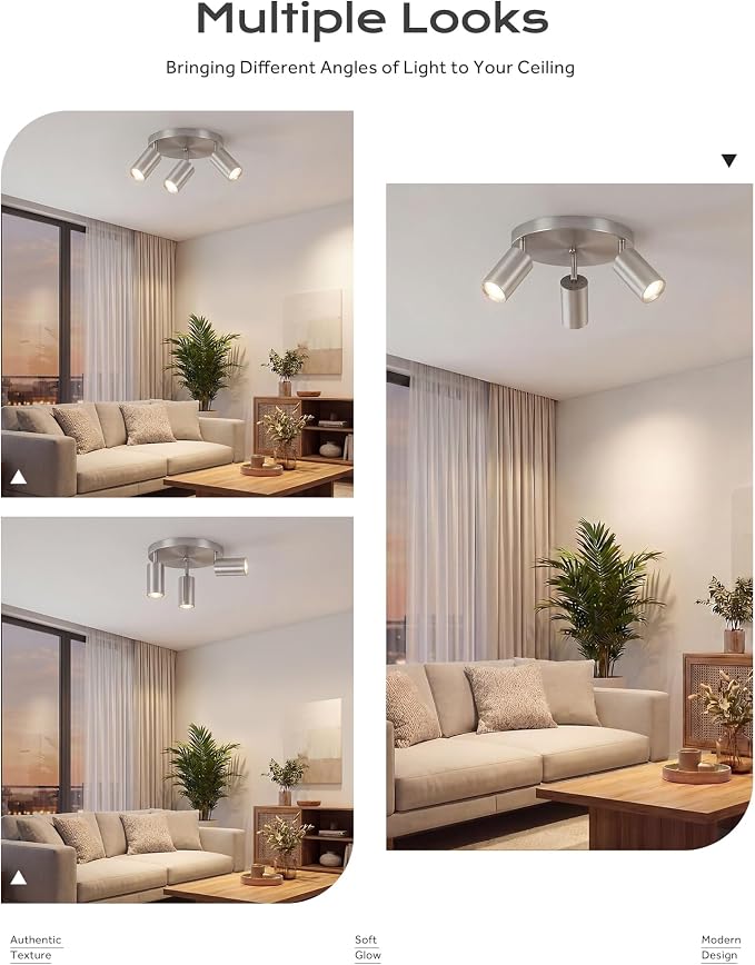 FEMILA 3 Light Track Lighting Kit, Brushed Nickel Round Ceiling Spotlight, 3000K Bulbs Included, LED Track Light for Living Room, Bedroom, Entryway, 4FS84F-3 BN