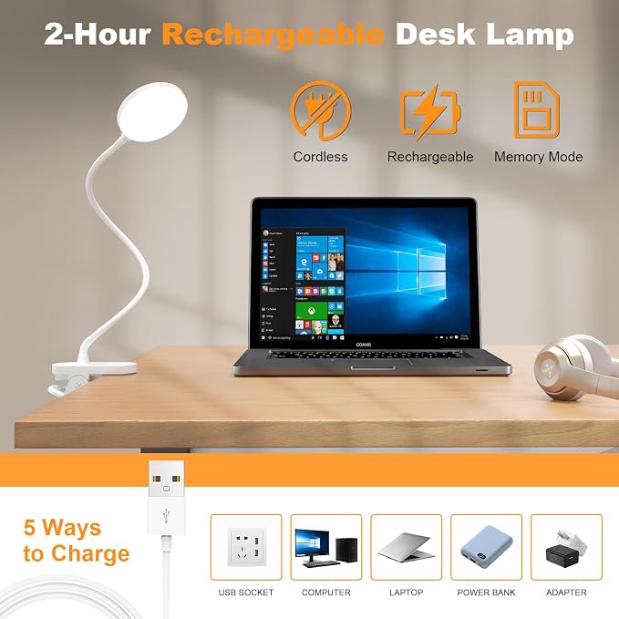 Rechargeable Desk Lamp with Clamp, 97 LED Bright Clip on Light with 3 Color & 10 Brightness, Cordless Desk Light for Home Office Bed Book Reading Crafting Sewing Drawing Knitting Puzzle (White/4.7'')