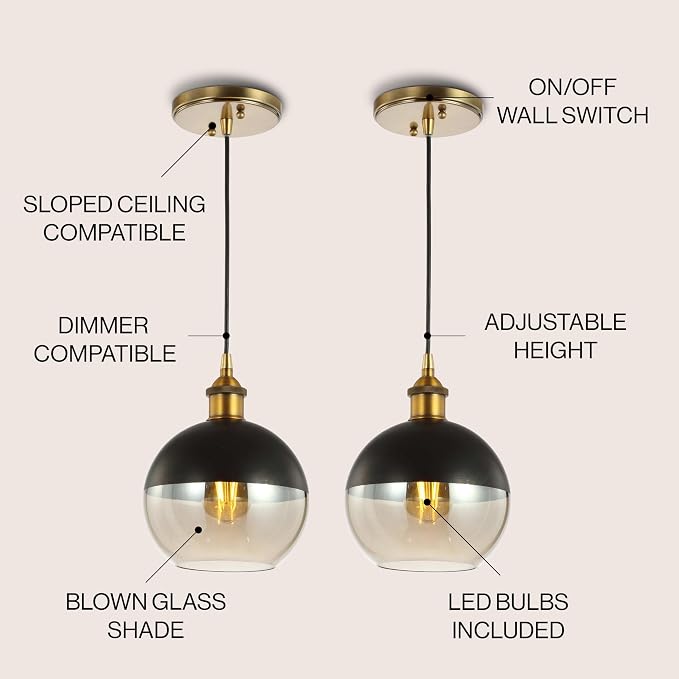 JONATHAN Y Nixon 1-Light 7.5" Globe Pendant, Brass Gold/Black, Set of 2 | Mid-Century Modern, Adjustable, Champagne Smoked Glass Shade, LED Bulbs Included, Metal/Glass Kitchen Island Ceiling Fixture
