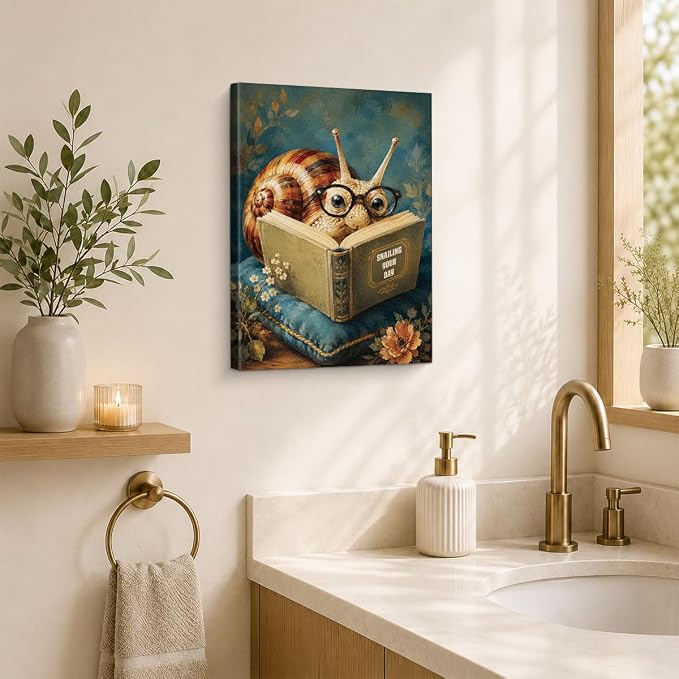 NSFBESSLIA Funny Reading Snail Painting, Whimsical Vintage Animal Decor, Snailing Your Day, Cottagecore Wall Art for Living Room Bedroom Entryway, 8x10 Inch