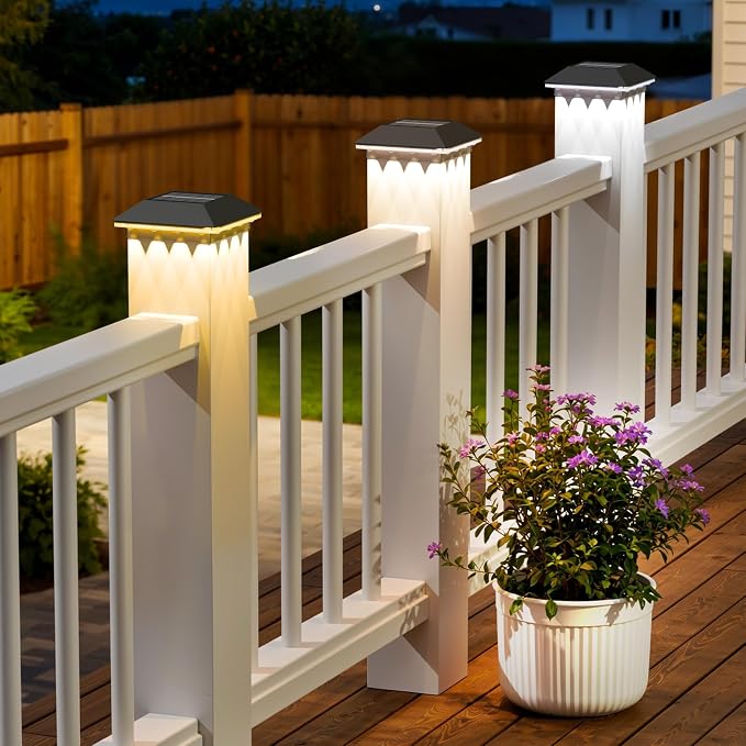 12 Pack 4x4 Solar Post Light, 3 Mode Wooden Vinyl Fence Cap, Black | 3 color temperatures, Waterproof LED Solar Post Lights, Patio Porch Decor, Only Fit Two True Size Post: 3.5''x3.5'', 4''x4''