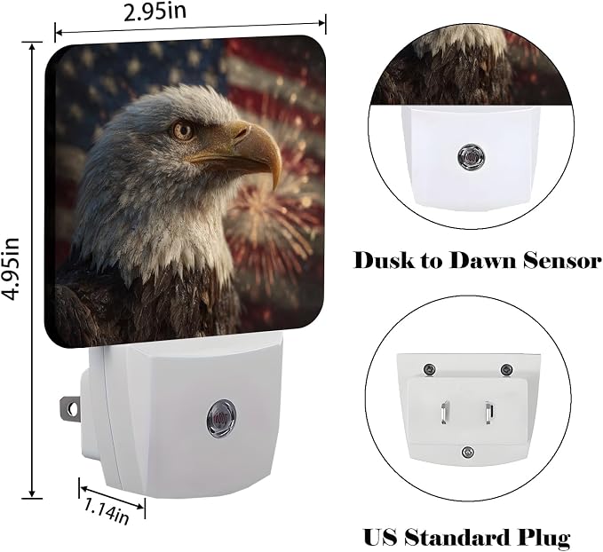 Bald Eagle Night Light,American Flag Plug Into Wall for Boys Girls Bedroom Decorative Square Night Light Lamp 0.5w Sleep Friendly