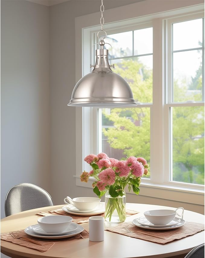 Kira Home Belle 14" Modern Industrial Pendant Light for Kitchen Island | Classic Dome Metal Shade, Retro Mid-century Profile Design, Premium Brushed Nickel Finish Ceiling Hanging Fixture
