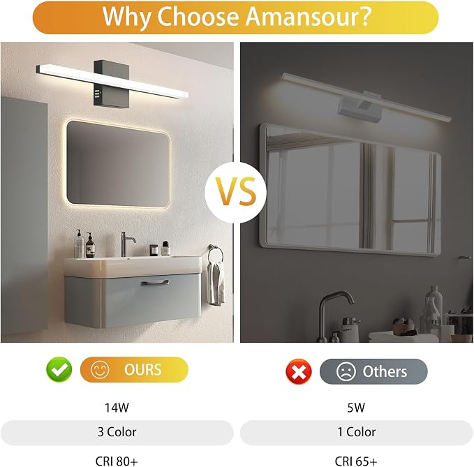 24 Inch LED Bathroom Vanity Light, 3-Color Selectable 3000K-6000K, IP44 Waterproof Wall Sconce for Makeup Mirror, Modern Black Vanity Lighting for Bathroom & Bedroom