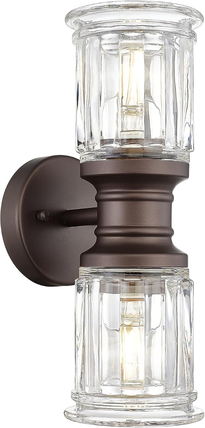 Rustic Wall Sconces, HWH Farmhouse Sconce Wall Lighting in Oil-Rubbed Bronze Finish, 2-Light Indoor Up Down Wall Light for Bathroom, Bell-Shaped Clear Glass, 5HZG106B-2W ORB