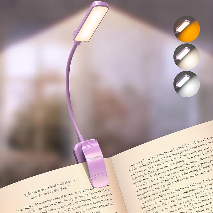 Glocusent 13 LED Book Lights for Reading at Night, Gifts for Book Lovers | Rechargeable Eye-Caring 3 Amber Colors Stepless Dimming, Travel Clip-on Lamp, Christmas Stocking Stuffer Reader Men Women Kid