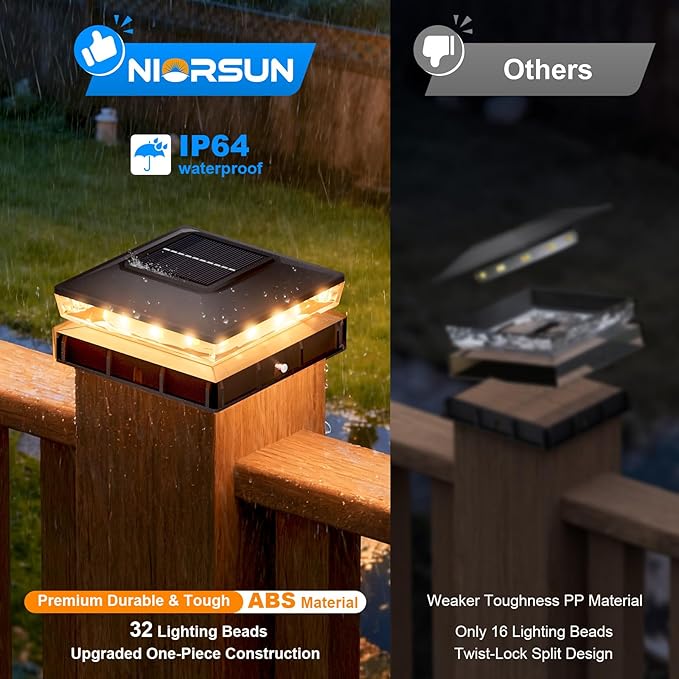 NIORSUN Solar Post Cap Lights Outdoor Waterproof, 2 Lighting Modes 4x4 Post Solar Lights, Fence Posts Solars Light for Deck Patio Garden Decoration, 4x4 Posts Caps Wood Vinyl, 6 Pack (Black)
