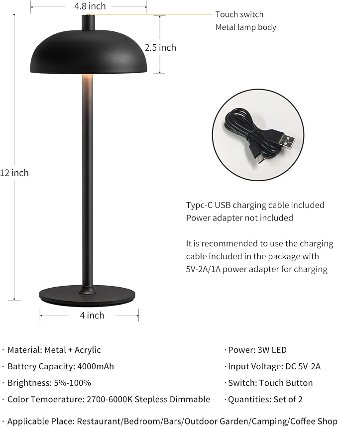 12" Cordless Table Lamps Set of 2, Black Modern Portable Desk Lamp | LED, 3 Color Dimming, Rechargeable, Battery Operated Lights for Bedroom, Outdoor, Restaurant, Bedside, Night Light, Gifts