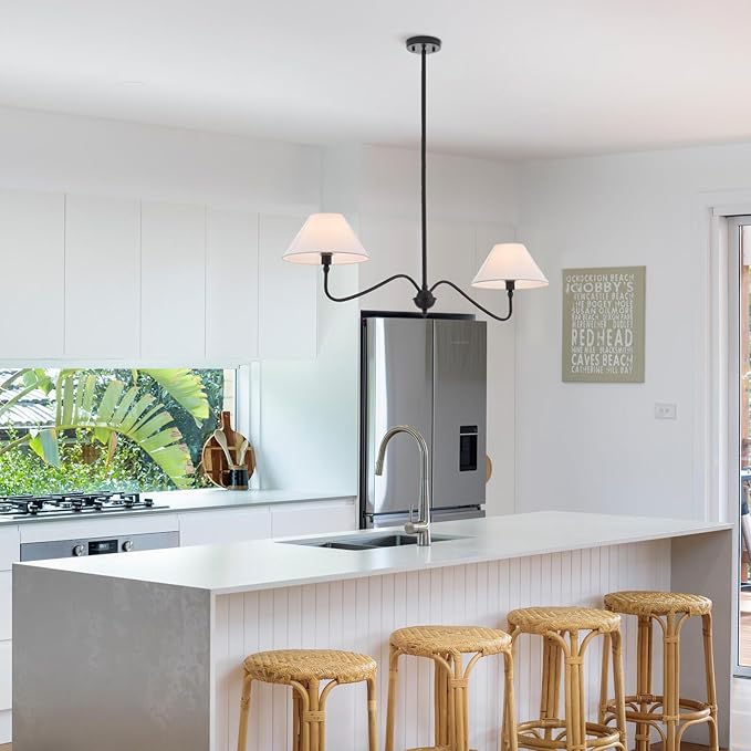 Modern Linear Chandelier for Kitchen Island, 2-Light Linear Light Fixture with Off-White Fabric Shade, Rustic Pendant Light for Dining Room
