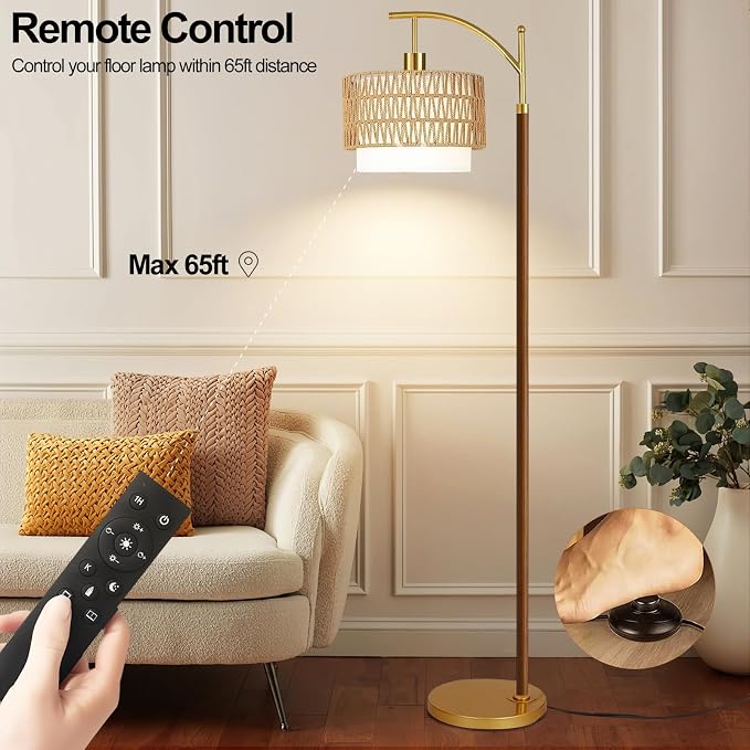 ZECOXOL Boho Floor Lamps for Living Room Rattan Floor lamp with Remote Control & 3 Color Temperatures,Vintage Wood Mid Century Modern Standing Lamp Dimmable Tall Floor Lamp for Bedroom Corner