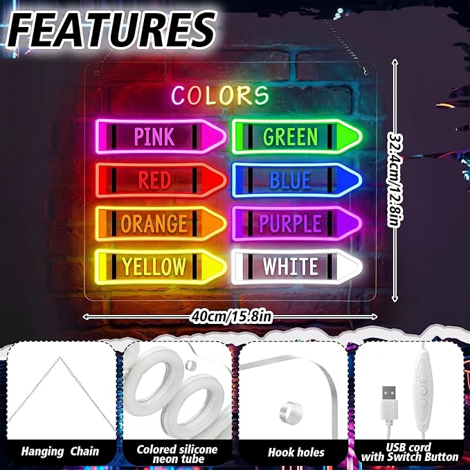 15.8 x 11 Inches Classroom Crayon Colors Neon Sign Back to School Colorful LED Neon Sign Crayon Wall Door for Classroom Playroom Kindergarten Hanger Decor