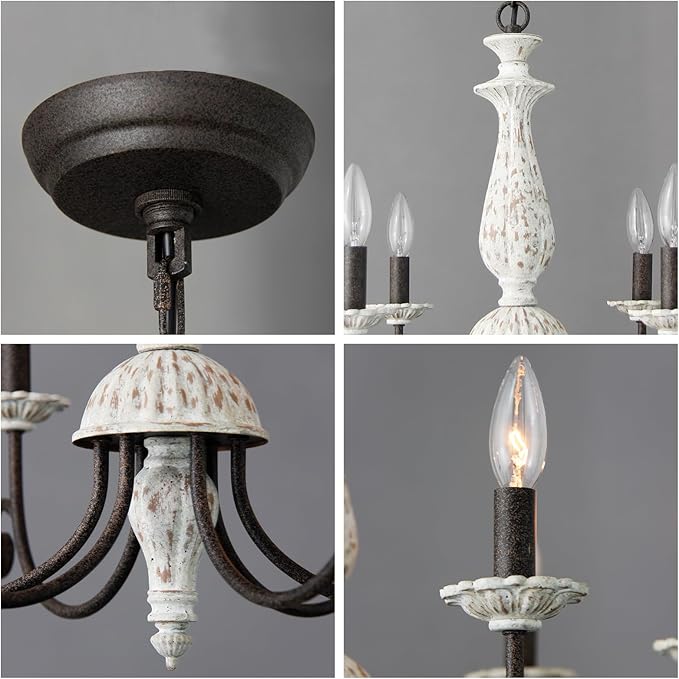 French Country Chandelier,6 Lights Farmhouse Chandelier Dining Room Distressed White Wood Chandeliers with Black Metal Arm,Rustic Candle Ceiling Chandelier for Living Room Bedroom