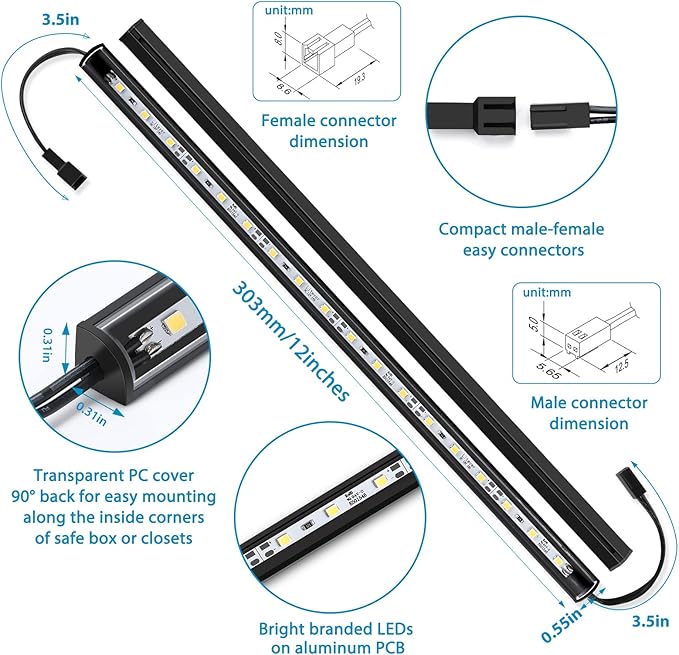 Litever Add-on 12 Inches LED Light Bars LL-027 Safe Lighting Kit. 12VDC 2.2W, Daylight 5000K. Designed as Add-on Lights for LL-027 Lighting Kit for Safe, Closet, Wardrobe. (2-Pack-5000K)