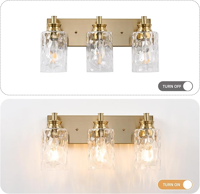3 Light Bathroom Vanity Light Modern Brushed Gold Bathroom Light Fixtures Over Mirror with Hammered Glass Lampshade for Kitchen Hallway