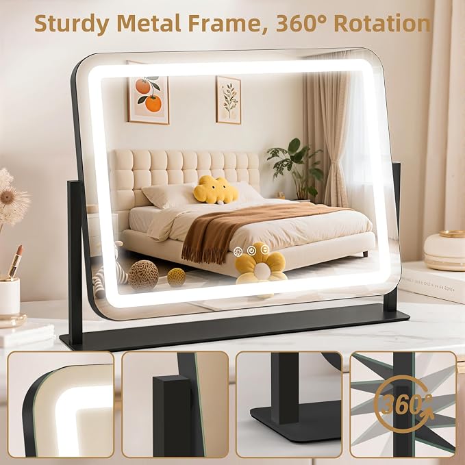 Vanity Mirror with Lights 22"x17", Lighted Makeup Mirror with 10X Magnification, 3 Color Dimmble Lights, Touch Control, 360° Rotation, Metal Frame, Women's Gift, For Bedroom/Dressing Room, Black
