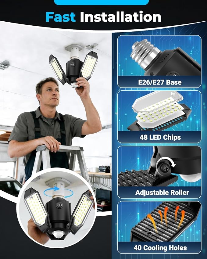 80W Motion Sensor Garage Light, All-Day Motion Activated Garage Light Led, Day & Night Sensing Garage Ceiling Lights, Adjustable Panels LED Shop Lights for Basement Attic