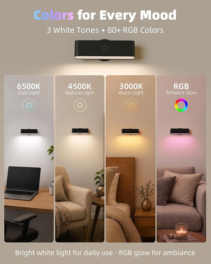 EZVALO Wall Sconces Set of 2, Rechargeable Battery Operated Wall Lights with Remote, RGB Mood Lighting & 3 White Tones, Dimmable Magnetic Wall Lamps for Bedroom, Gaming Room, Living Room Decor