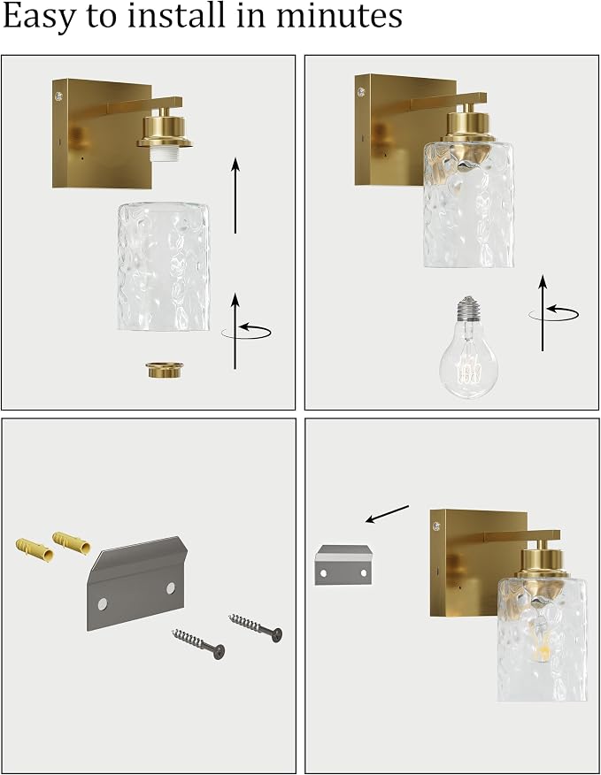 Hammered Glass Wireless Battery Operated Wall Sconces Set of Two Gold | Dimmable Rechargeable Wall Lights with Remote Timer, Easy Install Lamp for Living Room Bedroom, Emergency 3000K