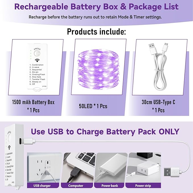 ZSJWL Rechargeable Fairy Lights with DIY Timer & 8 Modes, 16FT 50LED String Lights Battery Operated Indoor, Twinkle mini Lights for Bedroom Christmas Wedding Centerpiece Decor (Purple)