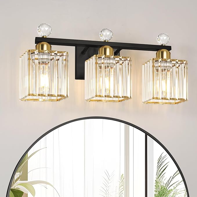 Bathroom Vanity Lights Over Mirror - Easy Installation with Clear Guide, 3-Light Shadow-Free Design, Black and Gold Crystal Finish - for Modern Home Bathroom Lighting Fixtures in DIY Projects