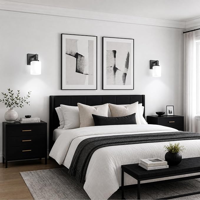 Set of 2 Wall Sconces for Bathroom, Black Bathroom Vanity Light,Modern Wall Sconces Indoor with Square Frosted Glass,Farmhouse Wall Lamp for Bedroom Living Room Mirror Hallway
