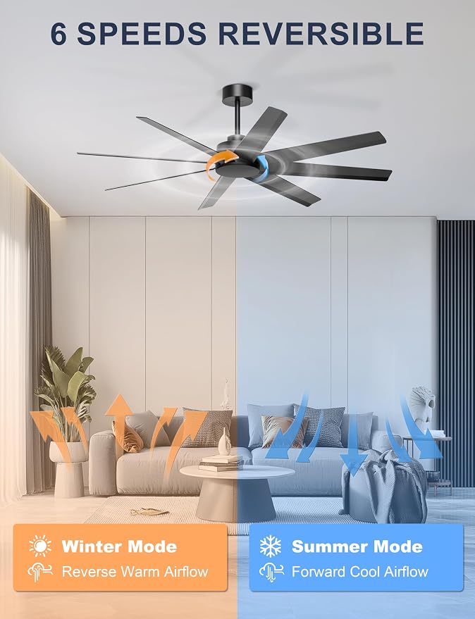 Ohniyou 60" Black Ceiling Fan No Light for Patio, Shop, Garage | Remote/App Control, Quiet DC Motor, Modern Covered Outdoor Fan with 8 ABS Blades