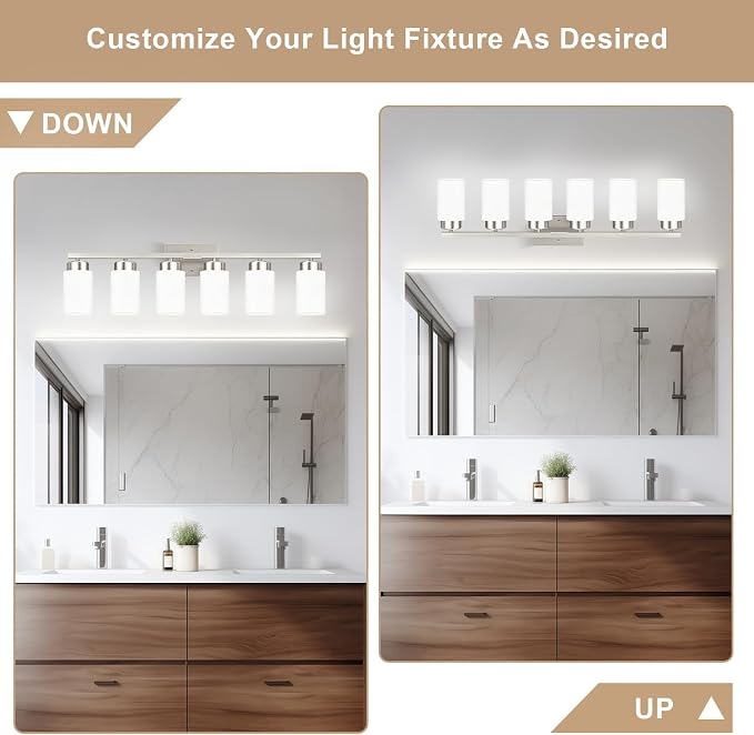 IZORRO Modern Bathroom Light Fixtures, 6 Light Brushed Nickel Vanity Lights, Bathroom Lighting Fixtures Over Mirror with White Glass for Living Room Cabinet Bedroom