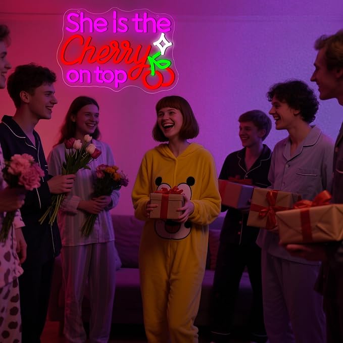 She Is The Cherry On Top Neon Sign for Wall Decor Dimmable Cherry Neon Light for Living Room Light Up Sign for Girl Wedding Party Bedroom Beauty Salon Birthday Gift Art Size 13.7 * 9.7In (WZCP218)