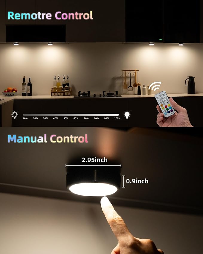 HOLKPOILOT Puck Lights with Remote, 2000mAh Battery Operated Rechargeable Under Cabinet Lighting, 3 Color Temps & 7 RGB Colors, Magnetic Closet Light, Black Wireless Puck Light for Kitchen, Shelf.
