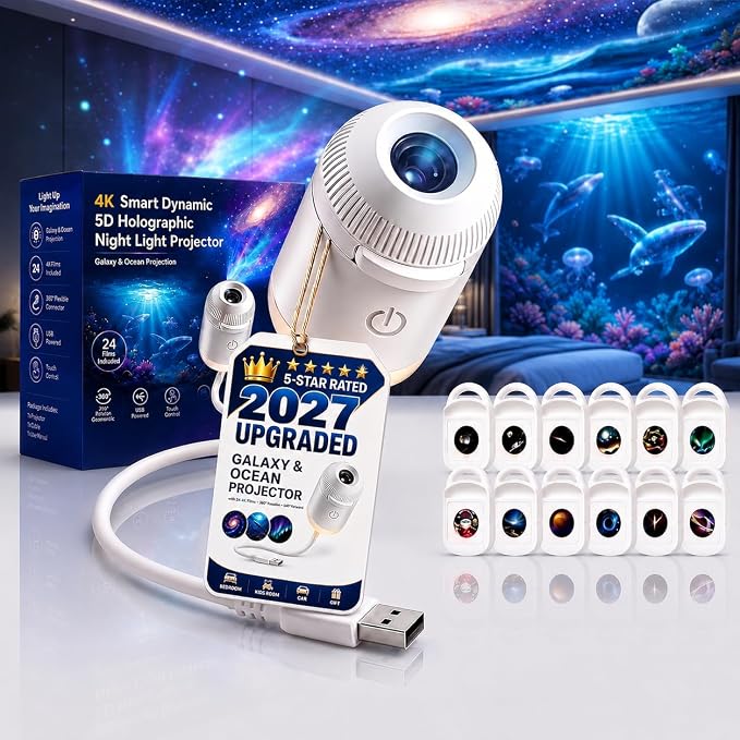 Galaxy Projector Night Light, 2-in-1 Holographic Star 5d Ocean Projector Plug and Play hd Star Smart Dynamic Ceiling Projectors Lamp 360° Space Starry Sky USB Projection