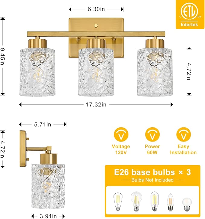 3-Light Bathroom Light Fixtures, Brushed Gold Vanity Lights Over Mirror | Wall Sconces with Clear Textured Glass Shades for Living Room Bedroom Hallway,E26 Base (Bulbs Not Included)