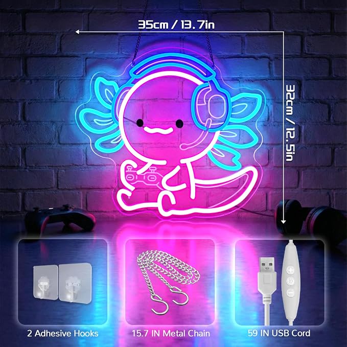 Cute Axolotl Gaming Neon Sign with Headset & Controller,LED Neon Wall Light for Gamer Room Decor,USB Powered Dimmable Neon Light for Bedroom,Teens Room,Game Setup