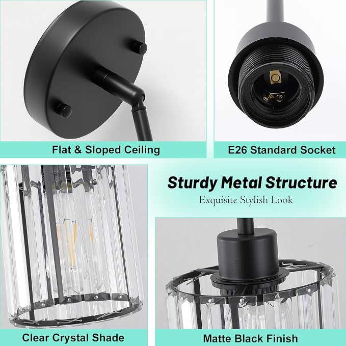 2 Pack Black Pendant Lighting, Adjustable Kitchen Pendant Lighting Over Island with Crystal Shade, Modern 1-Light Mini Hanging Ceiling Light Fixtures for Hallway Bathroom Foyer