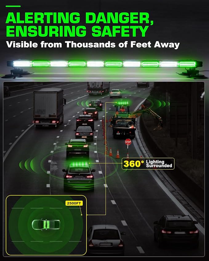 42" Traffic Advisor Light Bar Rooftop Emergency Warning Security Flash Strobe Light Bar with Magnetic Base for Construction Vehicles Plow Trucks Pickup, Green/White