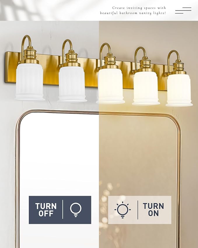 HWH INVESTMENT 5-Light Bathroom Vanity Light, Brushed Gold, 5HZG106B-5W BG | 33-Inch Hardwired Wall Light with Frosted Bell-Shaped Glass; 5 E26 Bulbs, Max 60W Each; Reversible Up or Down Mount