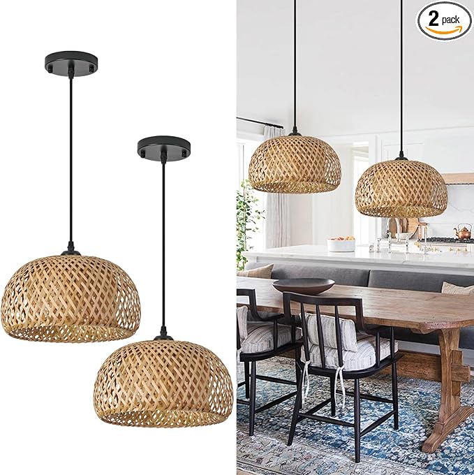 Bamboo Pendant Light,Set of 2 Boho Round Basket Chandelier Handmade Woven Pendant Light, Natural Bamboo Rattan Hanging Chandelier for Kitchen Island Dining Room Living Room Porch