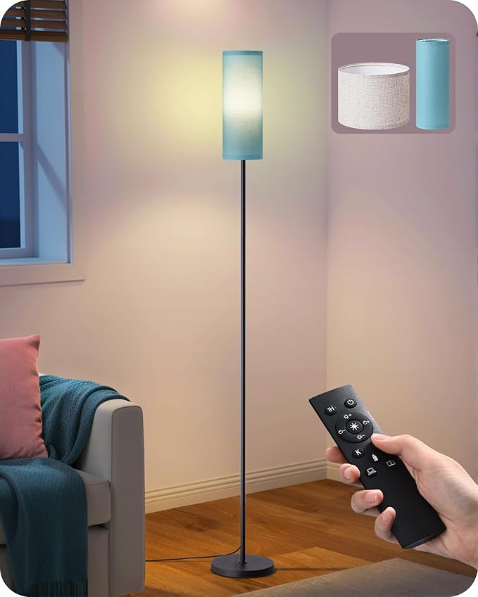 EDISHINE 2 Lampshades Modern Floor Lamps for Living Room Blue | 63.7", Remote Control, Foot Switch, 2700-6000K Dimmable, 9W Bulb Included, Minimalist Standing Lamp for Bedroom, Office